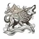 mountain river wolf howling tattoo design idea