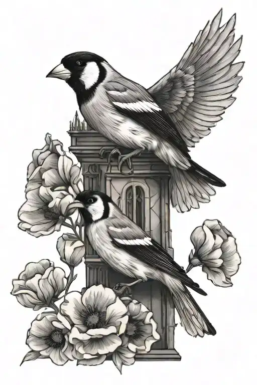 tower bridge goldfinch with poppy flower tattoo design idea