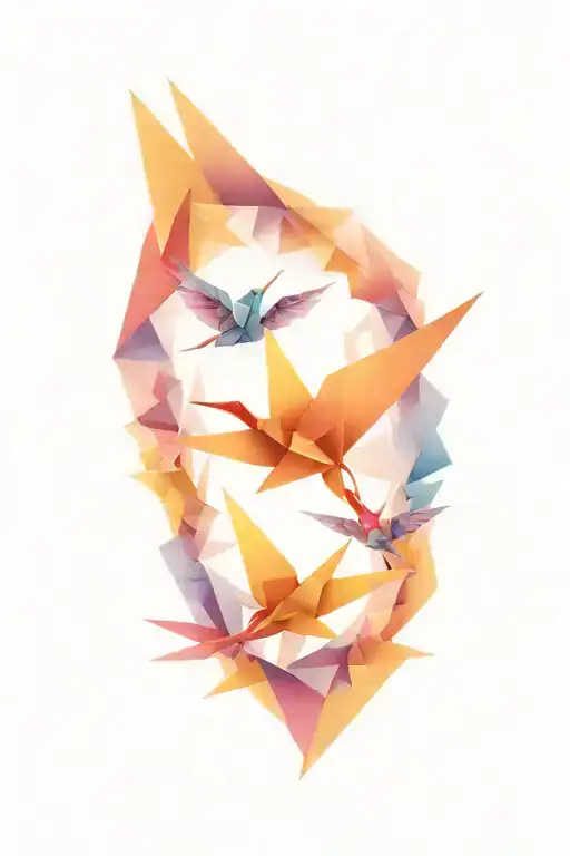A colorful tattoo design featuring three origami paper cranes of descending sizes over a Japanese background  tattoo design idea