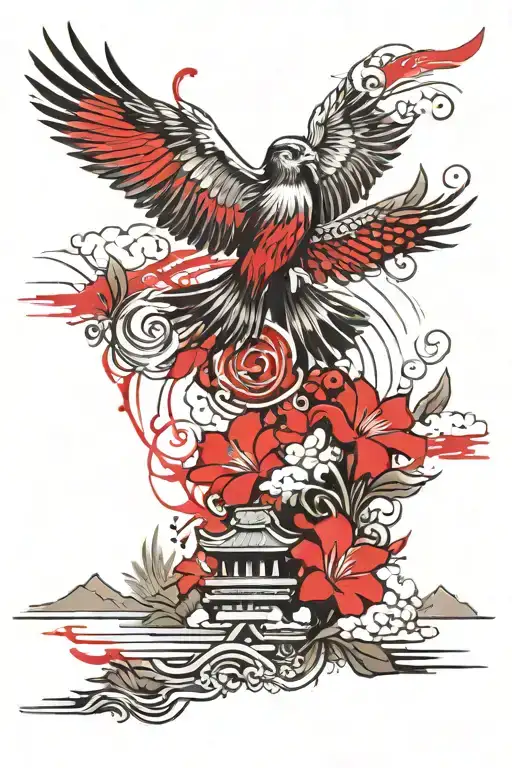 A colorful tattoo design of a bird flying over a Balinese landscape with traditional Balinese patterns tattoo design idea