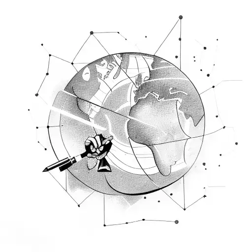 A data analyst holding a globe in one hand and a pen in the other, with a constellation of Gemini on their forearm tattoo design idea