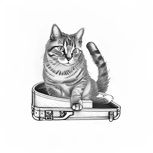A cat sitting on a suitcase, with a smoke trail forming the shape of the Gemini symbol tattoo design idea