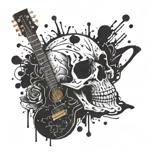 A skull playing a guitar surrounded by blood splatters tattoo design idea