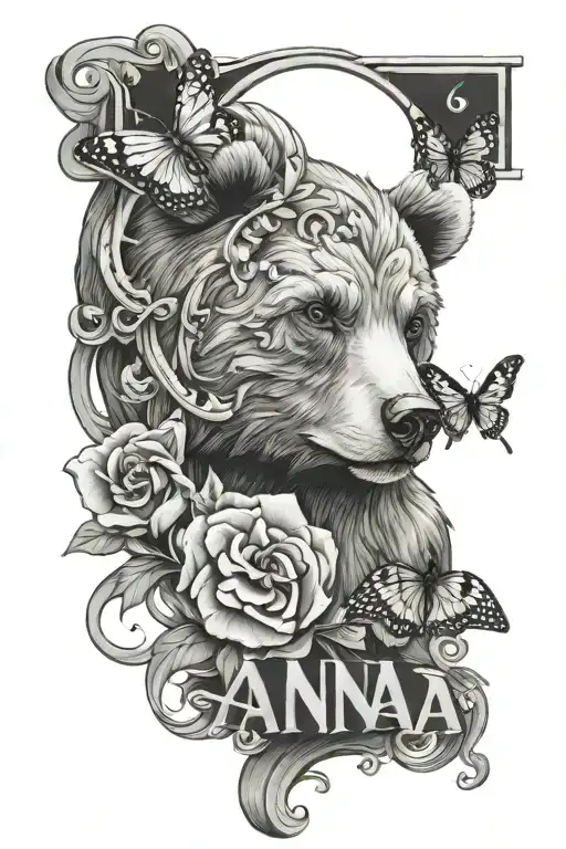 ana name with bear and butterfly tattoo design idea