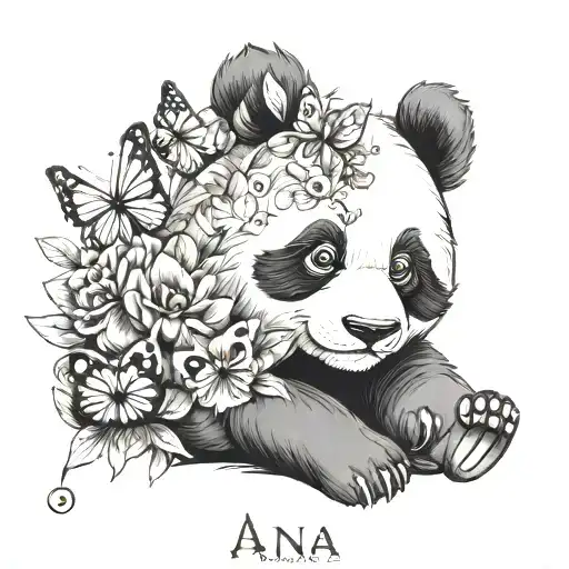 ana name panda with butterfly tattoo design idea