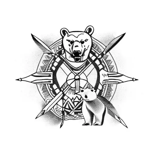 native american arrow with a polar bear and three polarbear cubs walk/playing on the arrow shaft.  tattoo design idea