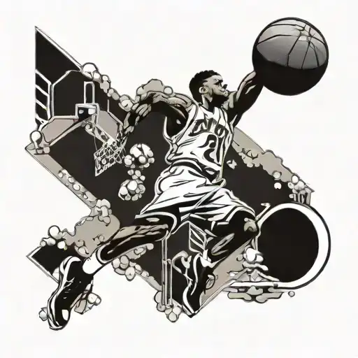 A basketball player dunking a basketball while wearing a pair of iconic sneakers, with a futuristic car in the background tattoo design idea