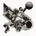 A basketball player dunking a basketball while wearing a pair of iconic sneakers, with a futuristic car in the background tattoo design idea