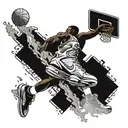 A basketball player dunking a basketball while wearing a pair of iconic sneakers, with a futuristic car in the background tattoo design idea