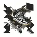 A basketball player dunking a basketball while wearing a pair of iconic sneakers, with a futuristic car in the background tattoo design idea