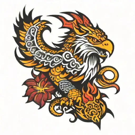 Can you give me a traditional tattoo design that has flames, a dragon, a tiger, and a eagle tattoo design idea