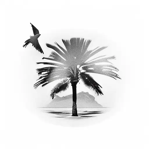 palm tree on an island with a young lady lay down and song bird flying around tattoo design idea