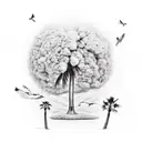 palm tree on an island with a young lady lay down and song bird flying around tattoo design idea