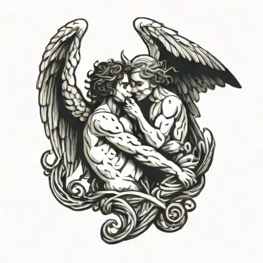 Traditional Tattoo of Angel and Demon Embracing Each Other, Symbolizing Balance Between Light and Darkness tattoo design idea