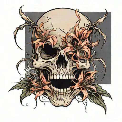 a broken skull with spider lilies coming out  tattoo design idea