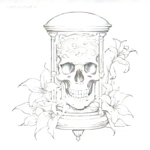 skull hourglass with spider lilies coming out  tattoo design idea