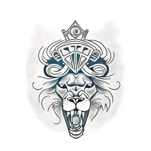 Lion head with skull and clockwork  tattoo design idea