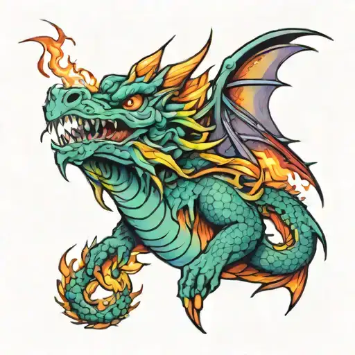 trans dragon breathing rainbow fire tattoo design idea