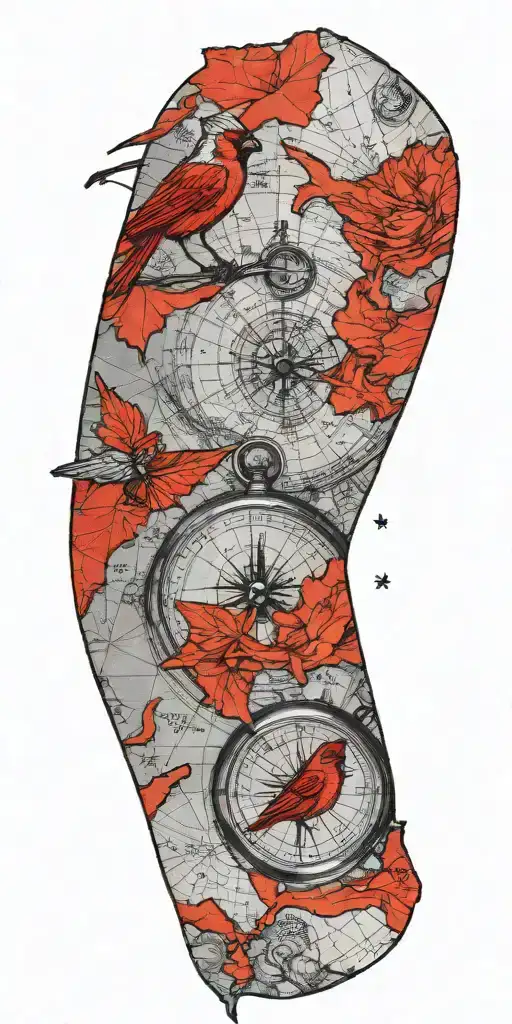 black and gray map with compass and a red cardinal tattoo design idea