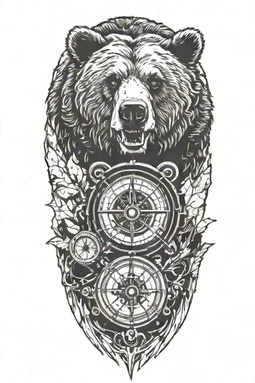 Grizzly with compass and map tattoo design idea