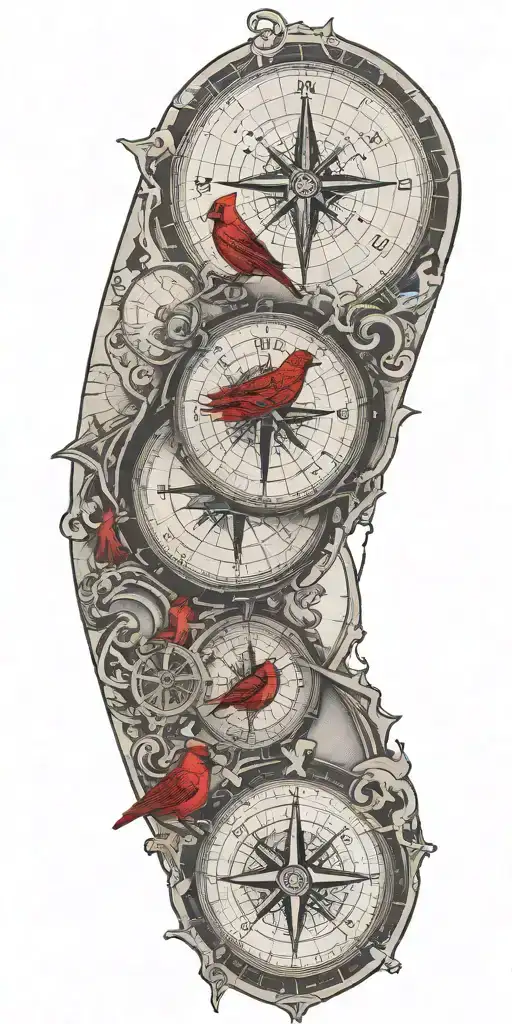 black and gray map with compass and a red cardinal tattoo design idea