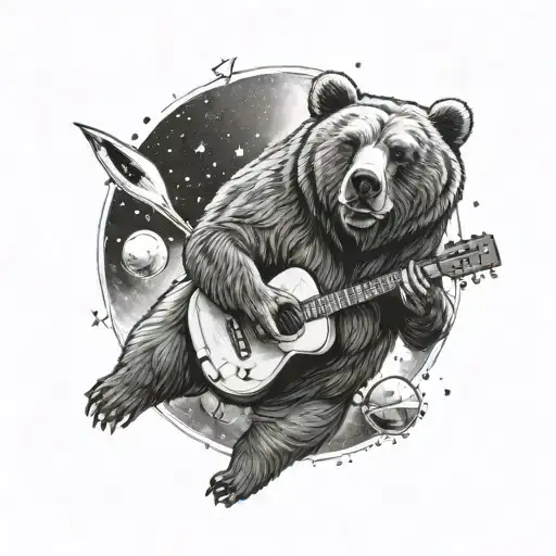 A tattoo design featuring a grizzly bear playing a guitar in outer space tattoo design idea