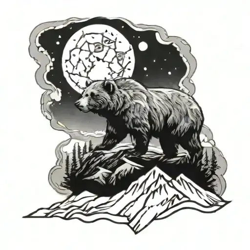 A cosmic mountain landscape with a grizzly bear tattoo design idea