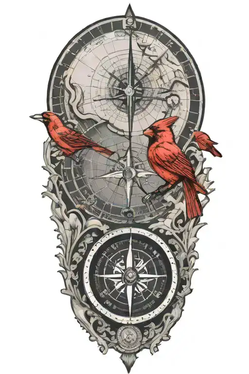 black and gray map with compass and a red cardinal tattoo design idea