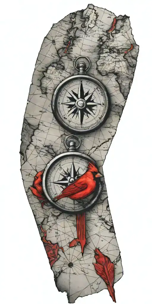 black and gray map with compass and a red cardinal tattoo design idea