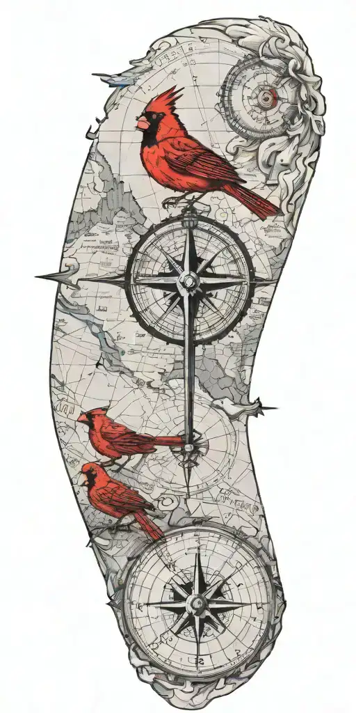 black and gray map with compass and a red cardinal tattoo design idea