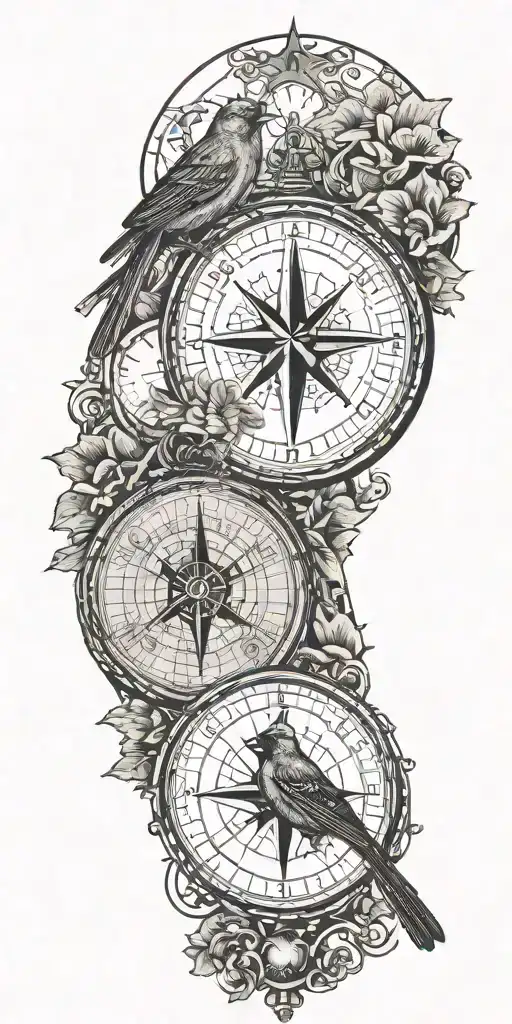 map with one compass and one red cardinal tattoo design idea