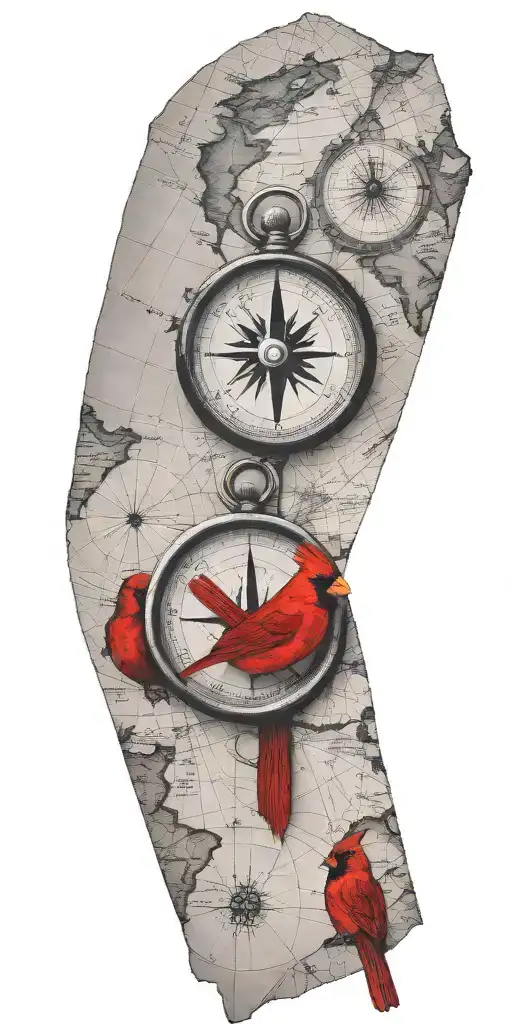 black and gray map with compass and a red cardinal tattoo design idea