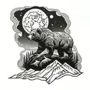A cosmic mountain landscape with a grizzly bear tattoo design idea