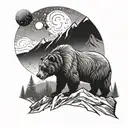 A cosmic mountain landscape with a grizzly bear tattoo design idea