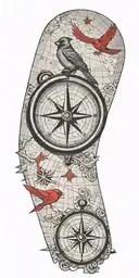 black and gray map with compass and a red cardinal tattoo design idea