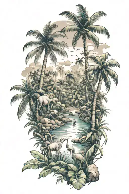 jungle setting with palm trees animals  tattoo design idea