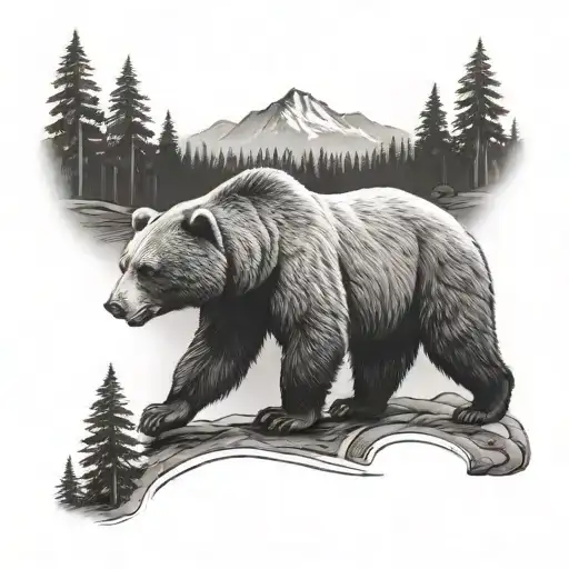A black-grey tattoo of a bear standing on its hind legs, with a forest backdrop and hiking trail winding through the trees, combining your love for animals and hiking tattoo design idea