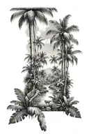jungle setting with palm trees animals black and grey  tattoo design idea