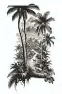 jungle setting with palm trees animals black and grey  tattoo design idea