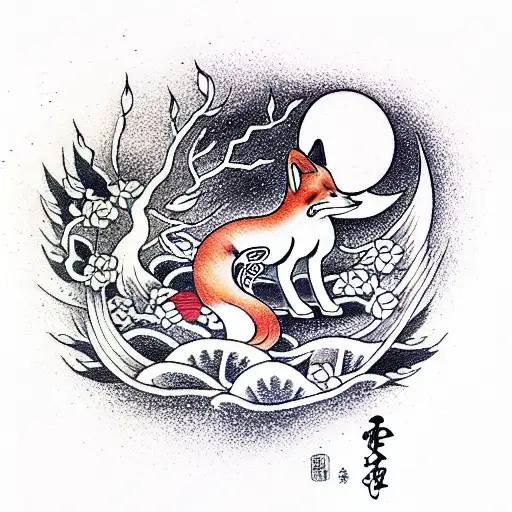 Fox and a New Moon tattoo design idea
