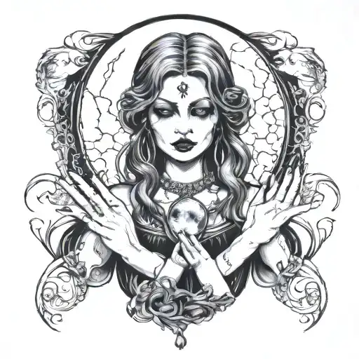 gothic woman holding moon in her hands tattoo design idea