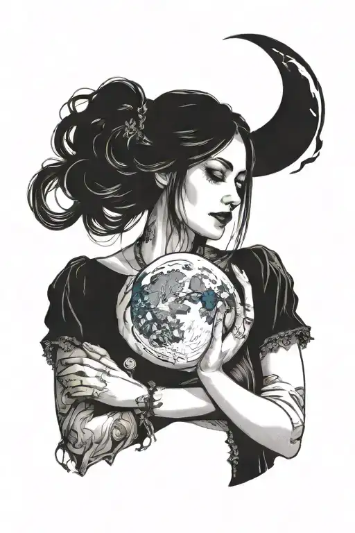 gothic woman holding moon in her hands holding tattoo design idea