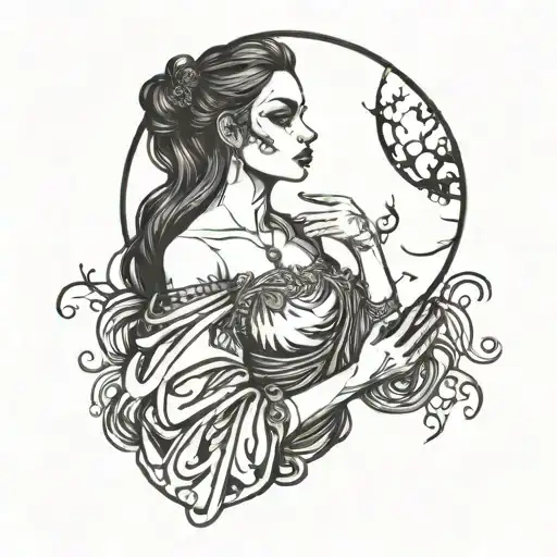 gothic woman holding moon in her hands tattoo design idea