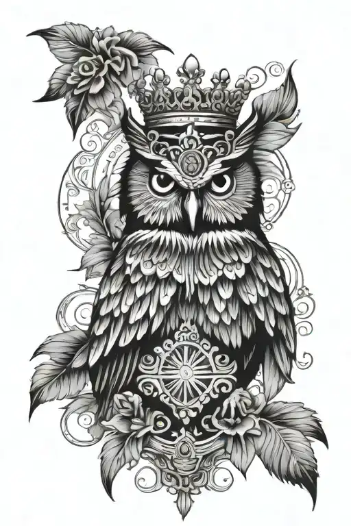 Black female owl with queen crown surrounded tattoo design idea