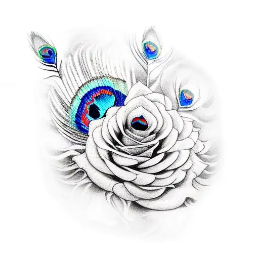 peacock feathers, leopard print and roses tattoo design idea