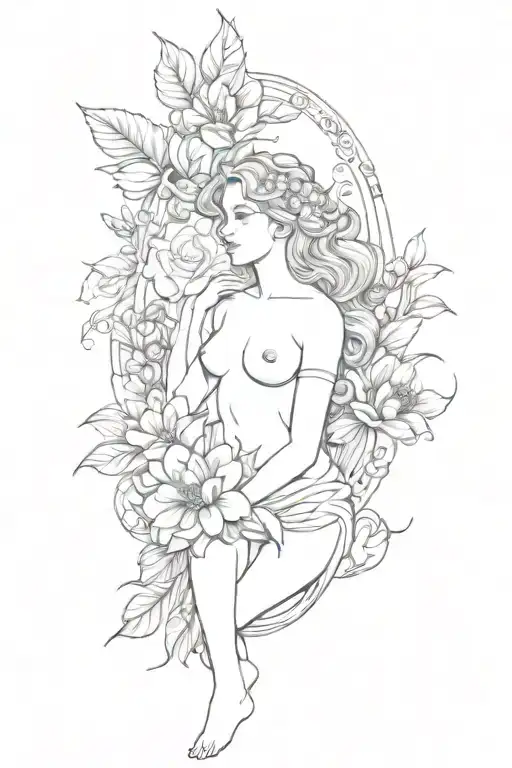 Thigh tattoo for girl. In the form of the goddess Aphrodite with flowers in the background. tattoo design idea