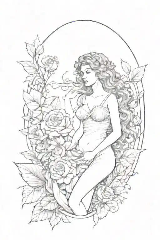Thigh tattoo for girl. In the form of the goddess Aphrodite with flowers in the background. tattoo design idea