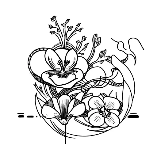 Viola flower and primrose with pisces symbol with written dates febuary 22 and febuary 25 tattoo design idea