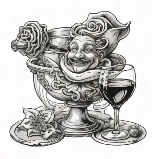 A black and grey portrait of a tortellini with a wine glass tattoo design idea