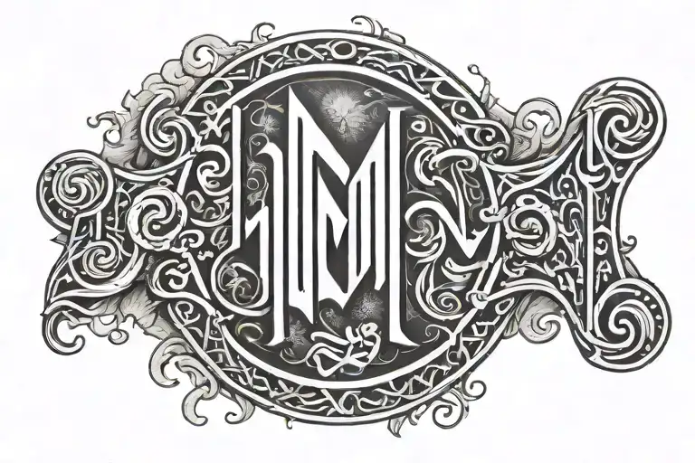 Letters M R W arranged in a sleep token band logo similar to runes tattoo design idea